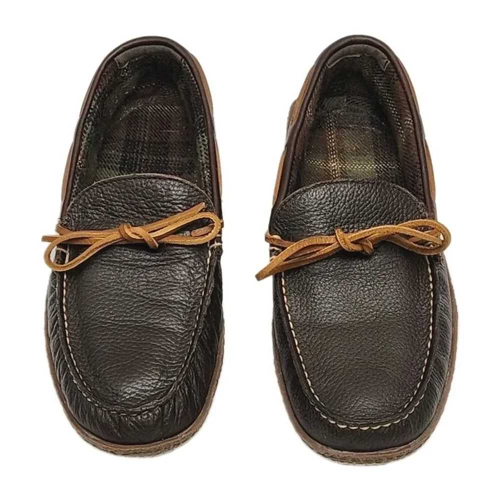 LL Bean Slipper Driving Loafer Men Sz 9 Brown Leather Flannel Line Moccasin Shoe